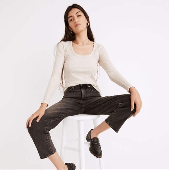 NWT Madewell Pointelle Square-Scoop Tee Rose Pink Ribbed Knit Long Sleeve XLarge - Picture 2 of 6